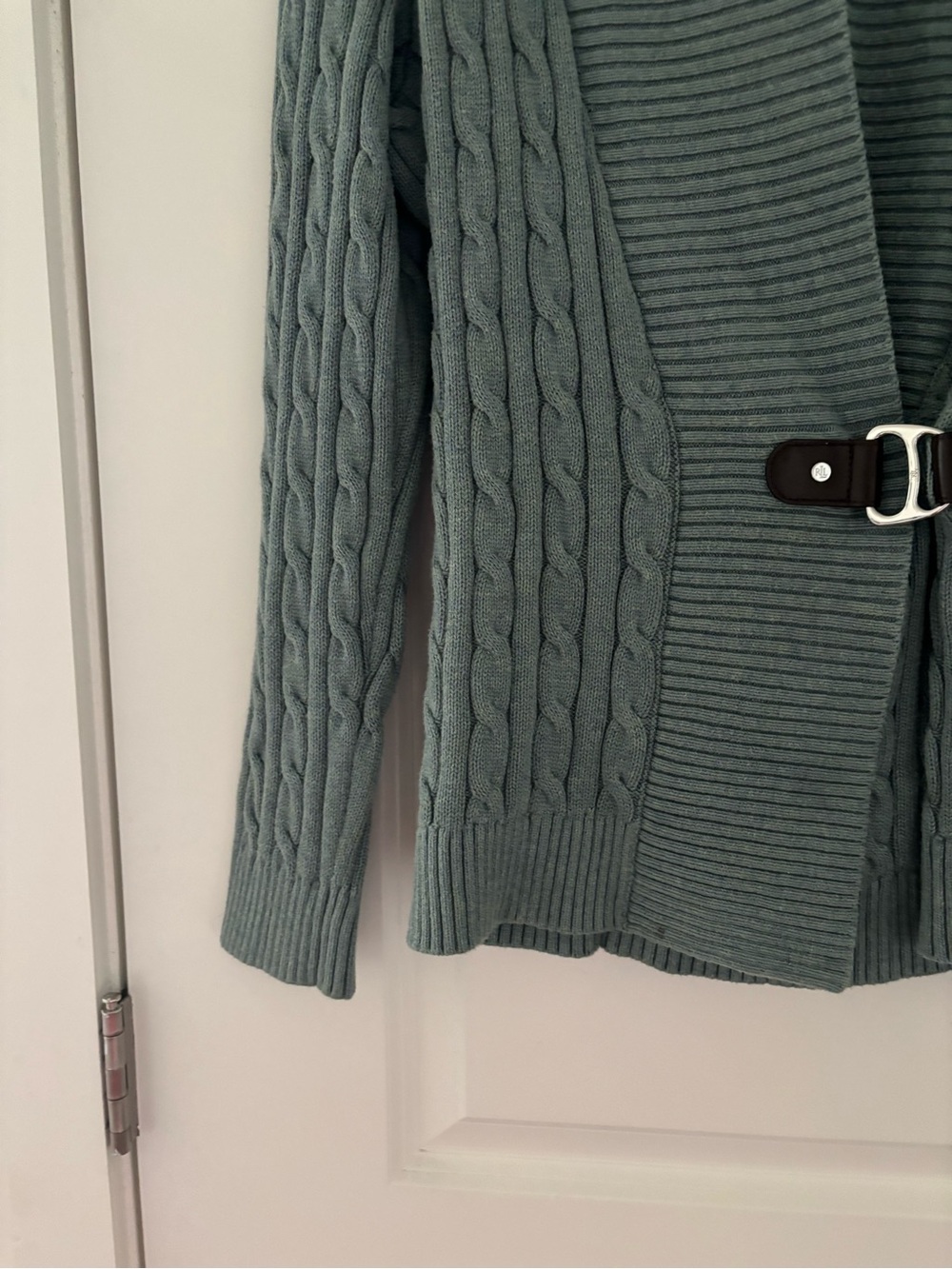 Lauren Ralph Lauren Buckle Shawl Collar Cable Cotton Sweater Preppy Classic XL - Picture 3 of 6